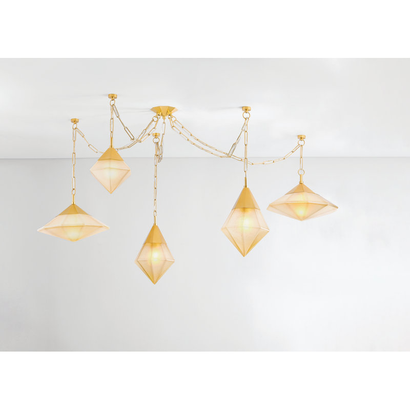 Vintage Polished Brass 5-Light Chandelier with Clear Glass Shades