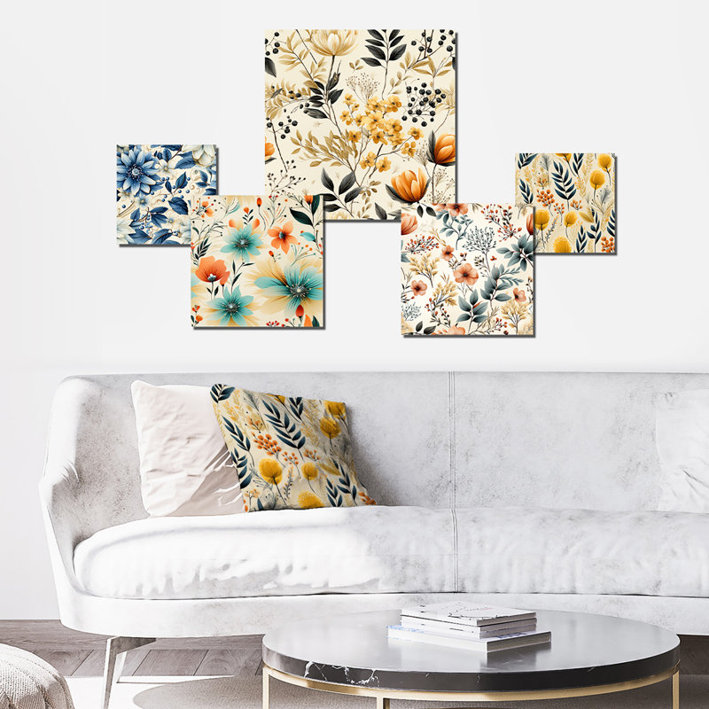 White And Blue Chrysanthemum Tranquillity - Floral Wall Art Set Of 5