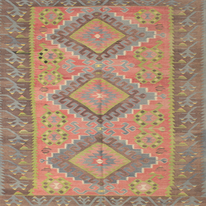 Tapis de zone brun/vert contemporain, Carré 8 pi