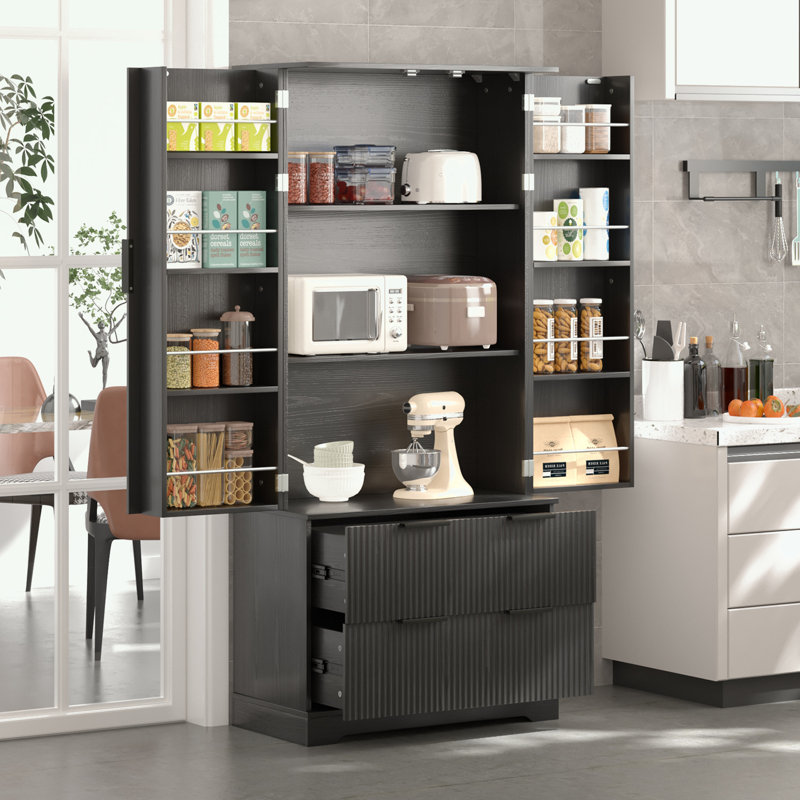 Armoire de cuisine avec 2 grands tiroirs et support à épices à 8 portes, Noir