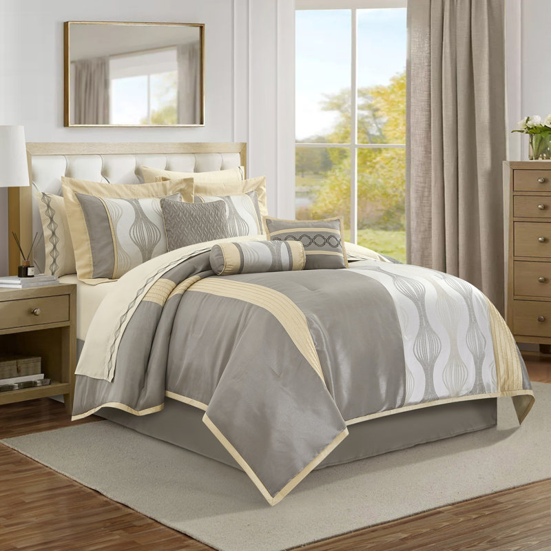 Ensemble d'édredon en jacquard en microfibre 15 pièces Kath, Très grand édredon + 14 pièces supplémentaires, Gray Gold