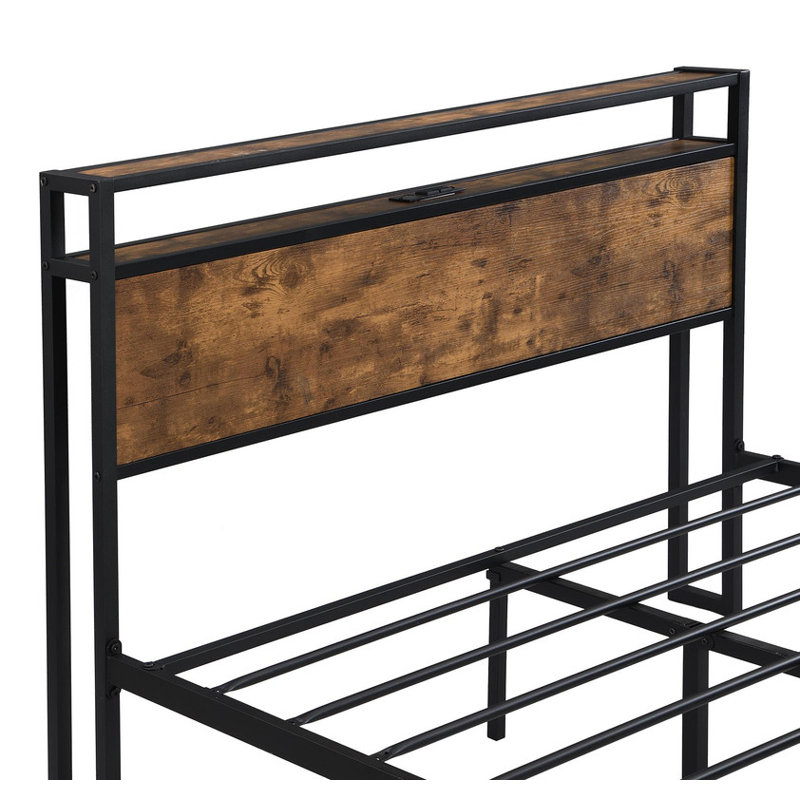 Structure de lit plateforme très grand en métal - tête de lit et pied de lit en bois avec ports USB, aucun sommier nécessaire, grand rangement sous le lit, assemblage facile