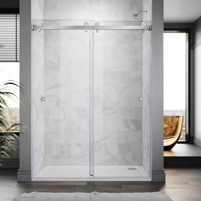 Royal 61 to 65 in. x 76 in. H Frameless  Double Sliding Shower Door with Two Finger Pulls in Brushed Nickel and 3/8 in. (10mm) Clear Glass