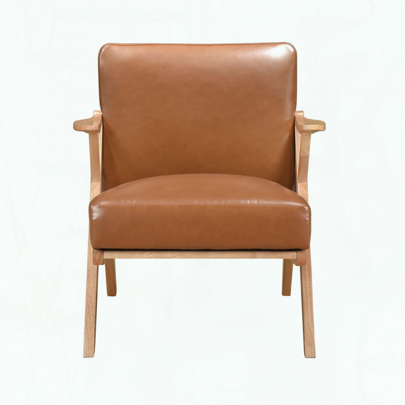 Fauteuil d'appoint en bois d'hévéa massif, similicuir et mousse enveloppée de dacron, Brun, Naturel