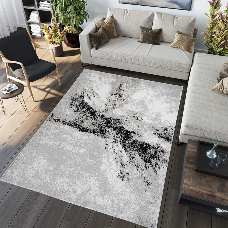 Tapis noir / ivoire / gris en polyester tissé à la machine Elek, Rectangle 3 pi 11 po x 5 pi 10 po