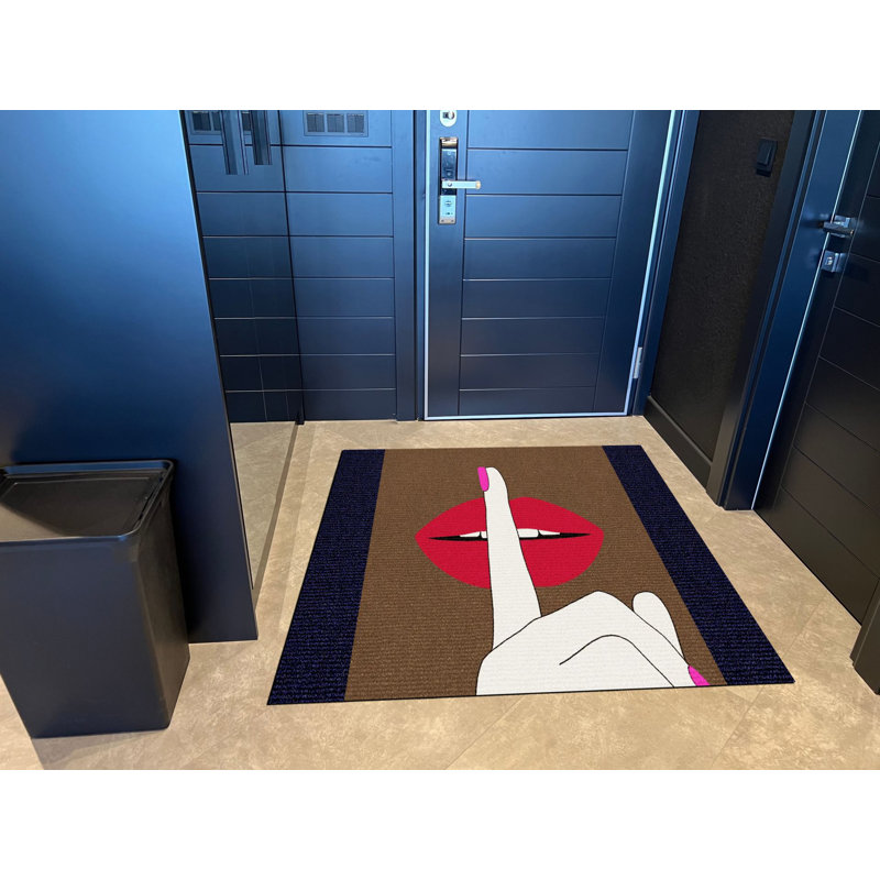 Tapis rose tissé à motif thématique «Shh», Rectangle 4 pi 7,12 po x 6 pi 6,74 po
