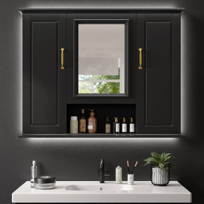 36" 3-Door Medicine Cabinet with Mirror | Wall-Mounted Bathroom Storage Cabinet | Modern Black Finish with Adjustable Shelves & Open Bottom Shelf | 3 Mirrored Doors