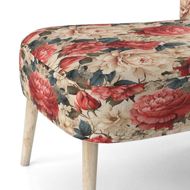 Chaise d'appoint en velours rétro vintage à motif floral rose et beige I