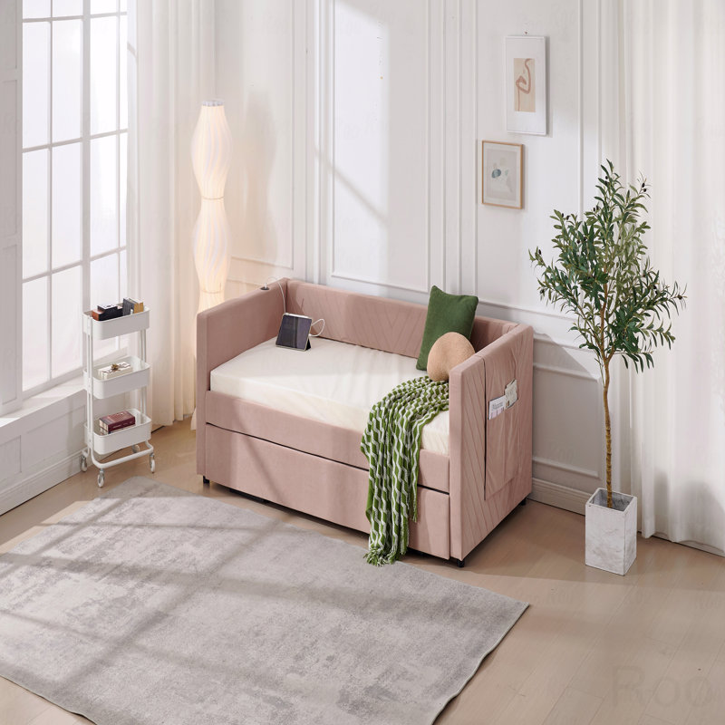 Upholstered Trundle Daybed, Twin Size,USB Port,Side Pockets, Modern V-Grained Backrest Design,No Box Spring Needed, Pink