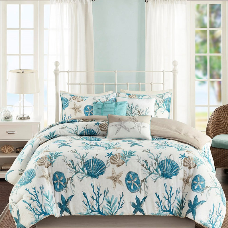 Édredon 7 pièces pour grand lit - thème côtier avec coquillages imprimés et coussins décoratifs étoile de mer, coraux éclatants