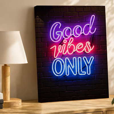 Canvas A Vibrant Neon Sign Against A Textured Brick Wall Featuring Wall Art The Phrase Good Vibes Only In Bold Playful Lettering The Canvas Wall Art