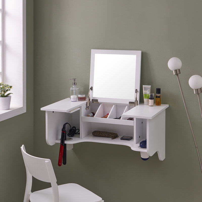 Miroir de coiffeuse et rebord mural blanc - Design transitionnel pour ranger efficacement le maquillage, les accessoires de coiffure