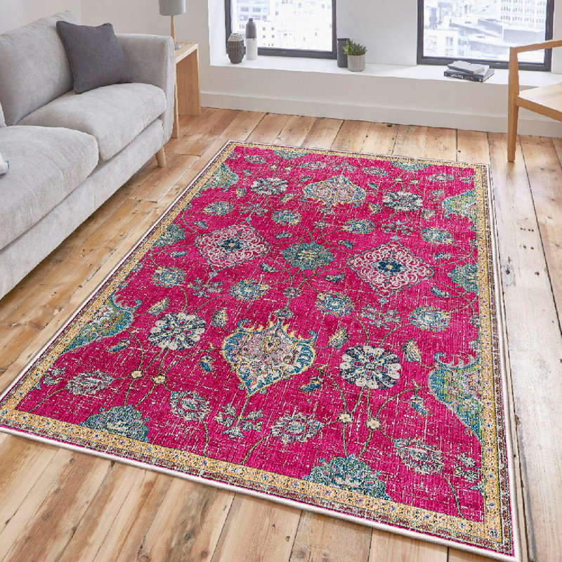 Premium 100% Cotton Area Rug, 23.6 x 39.4 inches | Antibacterial, Non-Slip PVC Underside, Soft Pile Height: 0.4 inches, Total Thickness: 0.3 inches | Machine Washable, Durable Dot Base, Elegant White, Cream, Pink & Blue Design