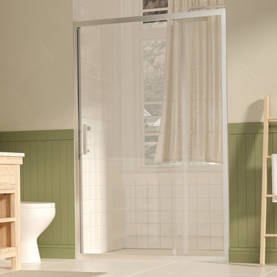 Porte de douche pivotante l 47 à 49 po x H 72 po, porte de douche en verre trempé clair de 1/4 po (6 mm) avec film anti-explosion, revêtement réversible Nano facile à installer, nickel brossé