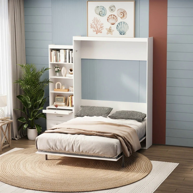 Lit escamotable vertical moderne avec tablette et tiroirs, lit mural blanc compact pour les chambres et les chambres d'amis
