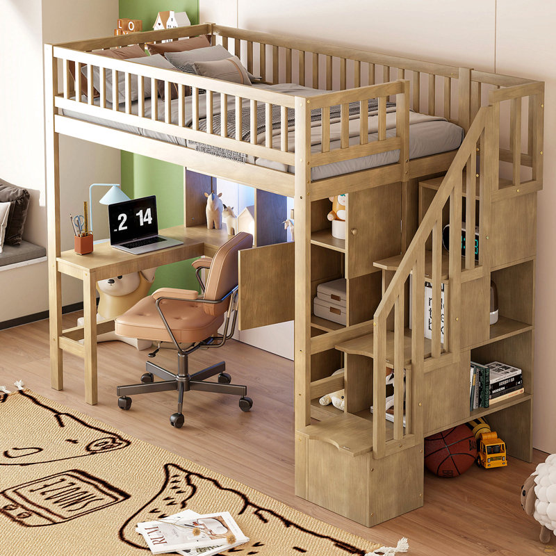 Wood Twin Size Loft Bed With Built-In Desk, LED, Storage Shelves, Cabinets And Staircase, Walnut