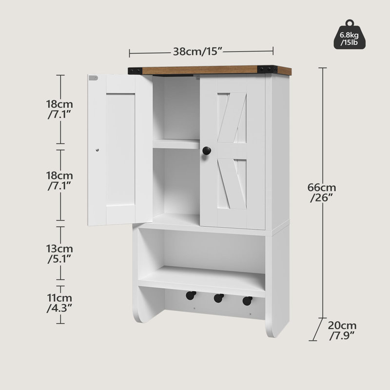 Armoire de salle de bain murale avec tablette réglable, Blanc et noyer