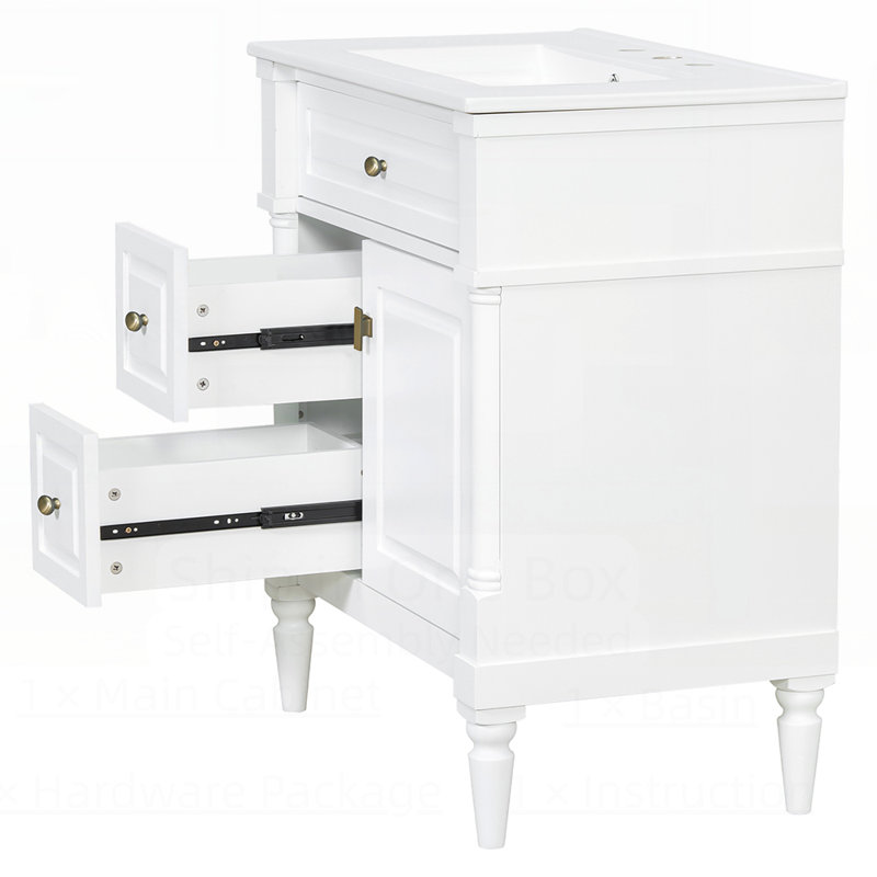 Meuble-lavabo autoportant avec lavabo, tiroir rabattable, tablette réglable, structure en bois d'hévéa massif et panneaux de fibres à densité moyenne