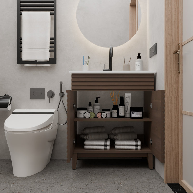 Meuble-lavabo de style Mid-Century de 76 cm (30 pouces) avec armoire marron, lavabo en céramique blanche, rangement sous lavabo, porte à fermeture amortie et motif horizontal à lattes, design moderne et réglable.