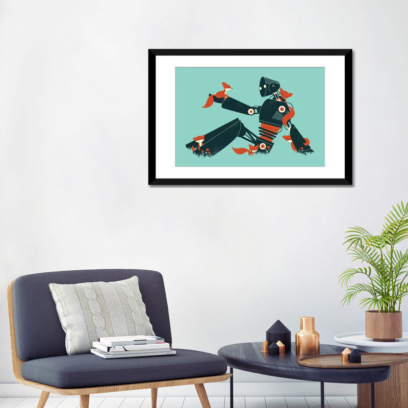«Foxes And Robot» par Jay Fleck - reproduction sur toile tendue, H 24 po x l 32 po x P 1 po, Papier d'art encadré noir, Blanc