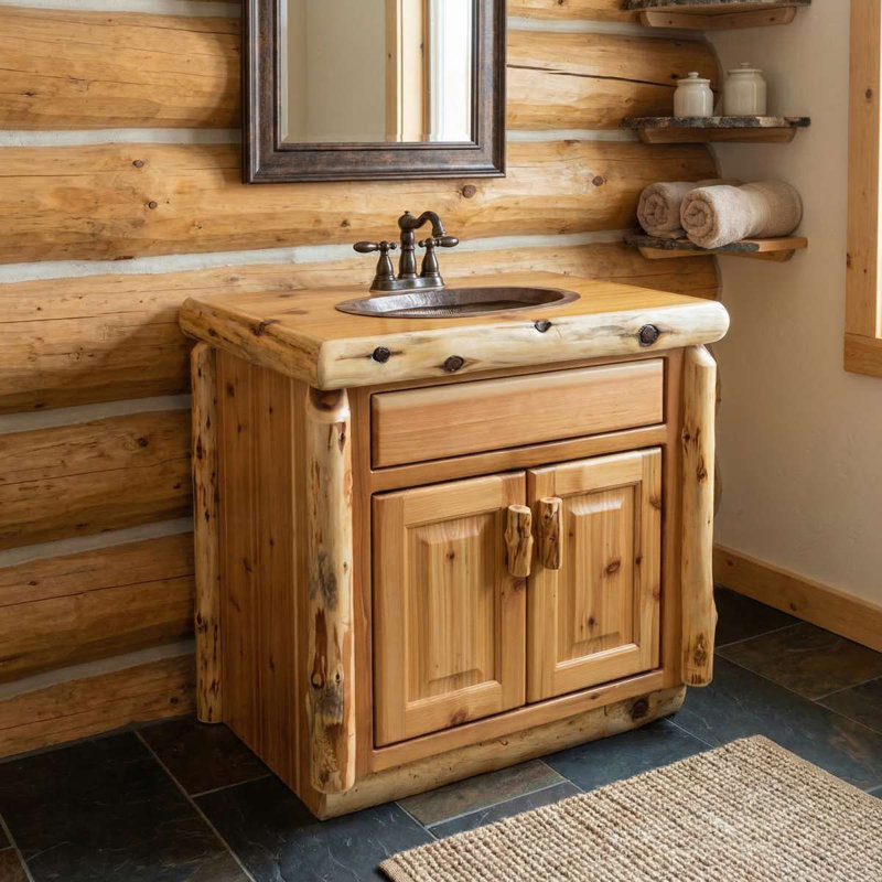 Meuble-lavabo en rondins de cèdre Fireside Lodge - 30 po - Plateau de style dalle - Naturel - Verre liquide