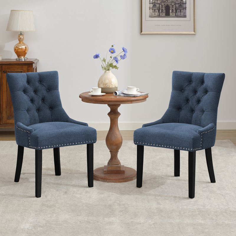 Berenis Tufted Linen Upholstered Elegant Dinning Chair, Blue, Black