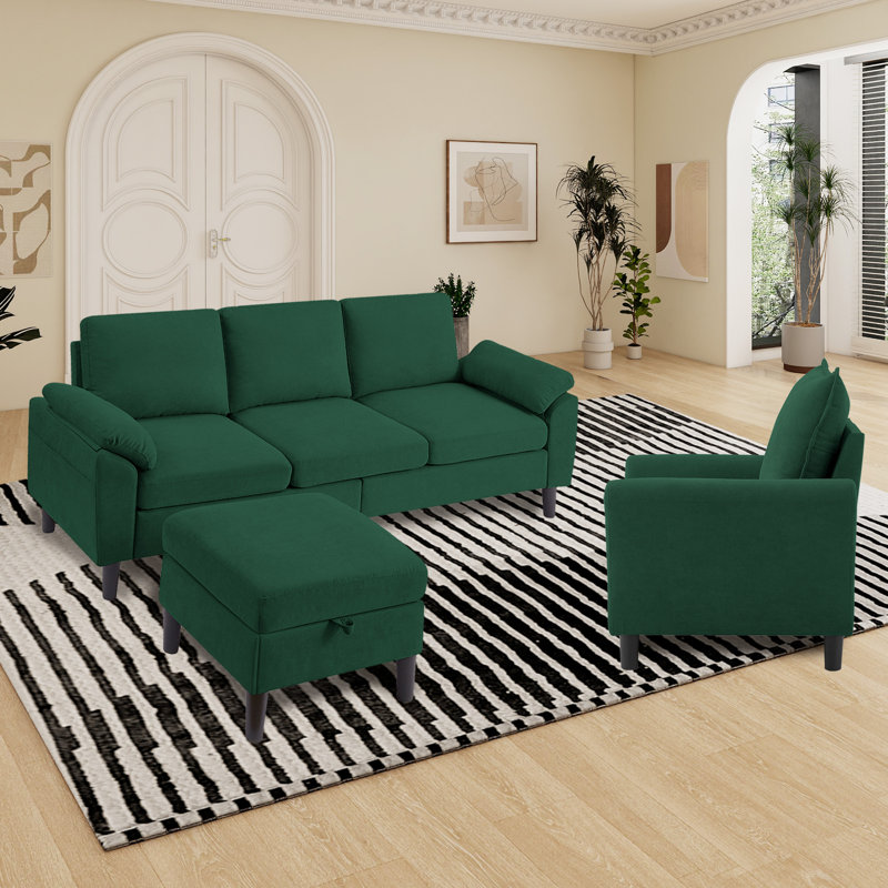 3 Piece Sectional Living Room Set, Green Polyester Blend