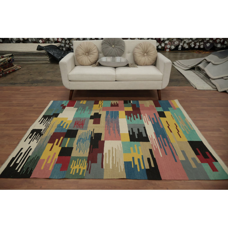 Tapis kilim moderne abstrait 5 x 7 avec patchwork de couleurs vives
