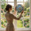 Panneau de vitrail floral bleu 7,8 "H-1196784031