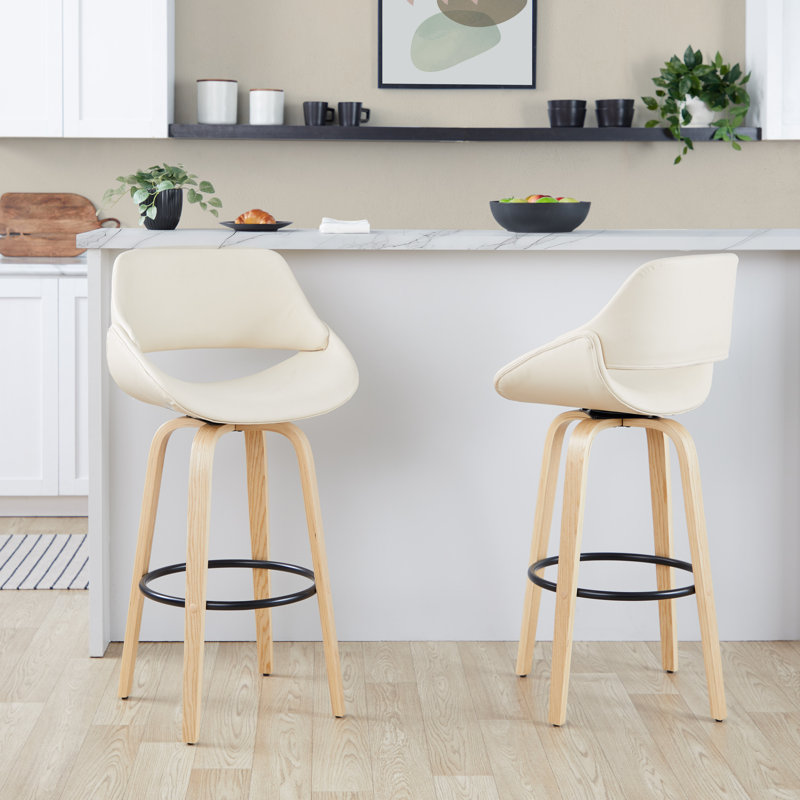 Najrin 30" Fixed-Height Faux Leather Bar Stool with Bent Wood Legs & Round Footrest (Set of 2), Cream, Natural/Black