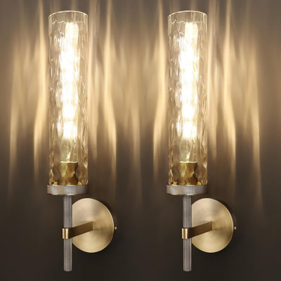 Set Of 2 Modern Brass Wall Sconces With Water Ripple Glass Tubes, Vanity Lights For Bathroom, Bedroom, Living Room, Hallway, Staircase, And Kitchen