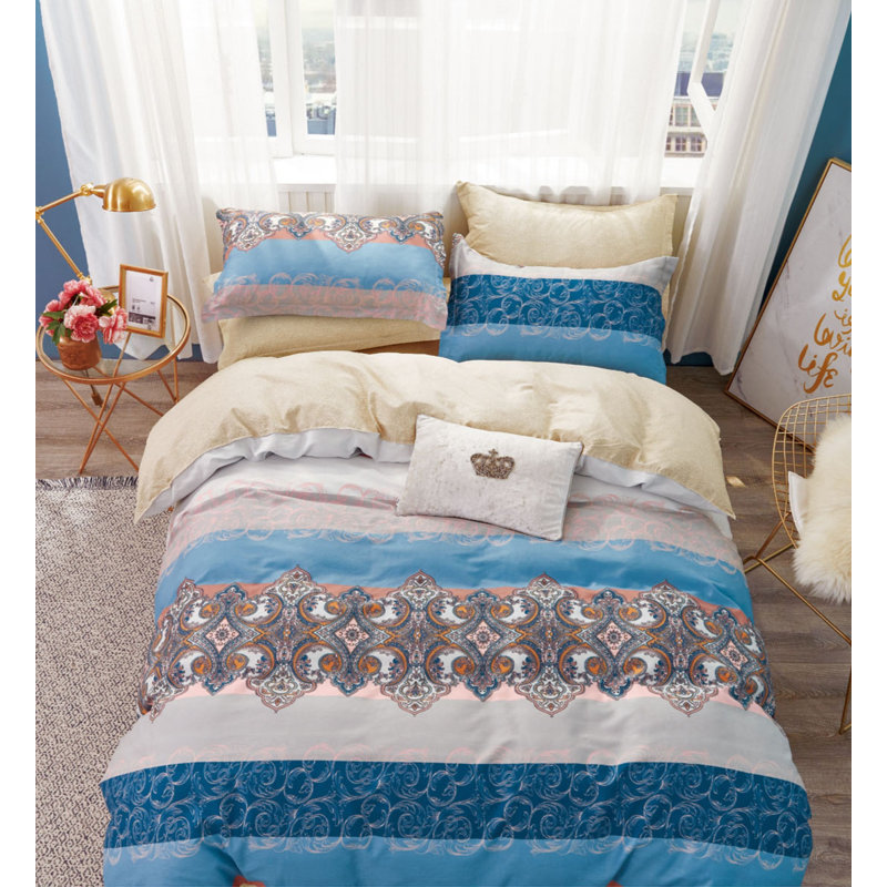 Hannah Blue and Red Damask Cotton Reversible King Comforter Set