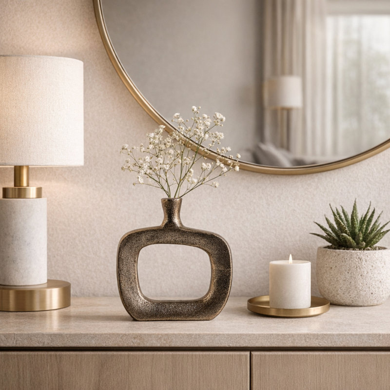 Vase moderne en métal avec ouverture ajourée pour décoration intérieure - Grand vase à fleurs pour table basse, décoration de cheminée ou tablette - doré