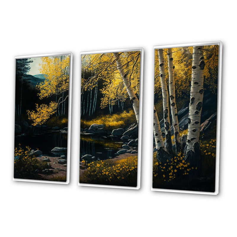 «Yellow Birches By The Riverside I», impression sur toile 3 pièces, H 28 po x l 36 po x P 1 po, Toile avec cadre blanc