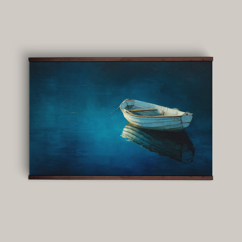 «Blue Boat on Water Tapisserie», impression sur toile nautique côtière avec crochets en bois, H 45 po x l 73 po