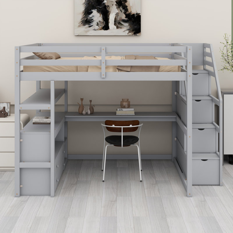 Loft Bed With Desk And Shelves, Two Built-In Drawers, Storage Staircase, Gray