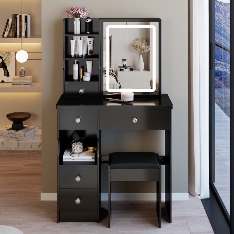 Table de chevet de chevet avec tabouret rembourré, miroir à DEL coulissant tactile (tricolore et luminosité réglable), centrale électrique (2 AC + 2 USB) et support pour sèche-cheveux