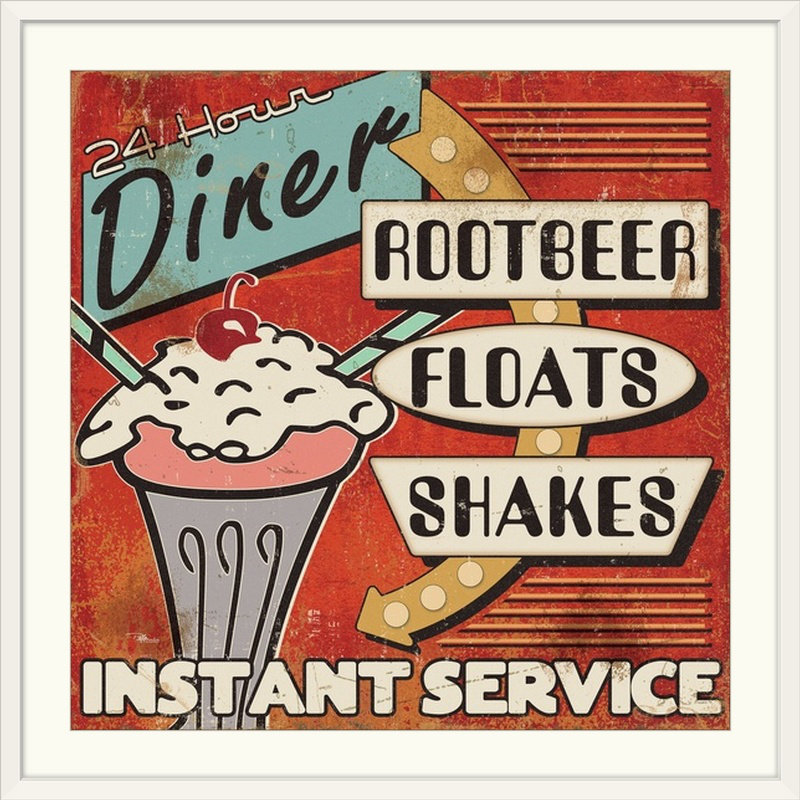 «Diners and Drive Ins III», affiche vintage, H 38 po x l 38 po x P 1 po, Cadre blanc