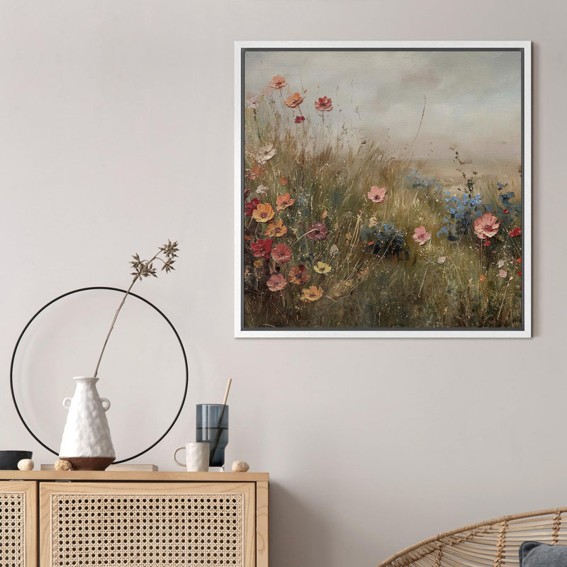 "Vintage Meadows Floral, campagne tranquille, paysage rustique, illustrations françaises", Blanc, H 16 po x l 16 po