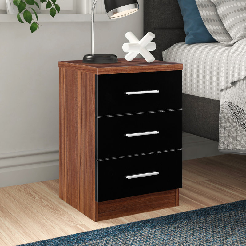 Eva High Gloss 3 Drawer Bedside Table - H: 59.5cm x D: 38cm x W: 39.5cm, Walnut/Gloss Black