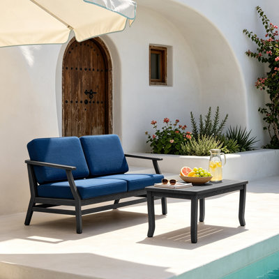 Polett Teak Outdoor Two-person Patio Set With Cushions And Side Table