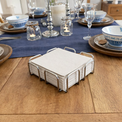 YBM Home Silver Chrome Flat Square Napkin Holder, Stainless Steel Modern Napkin Basket for Kitchen, Dining, Picnic Table, Pack of 1