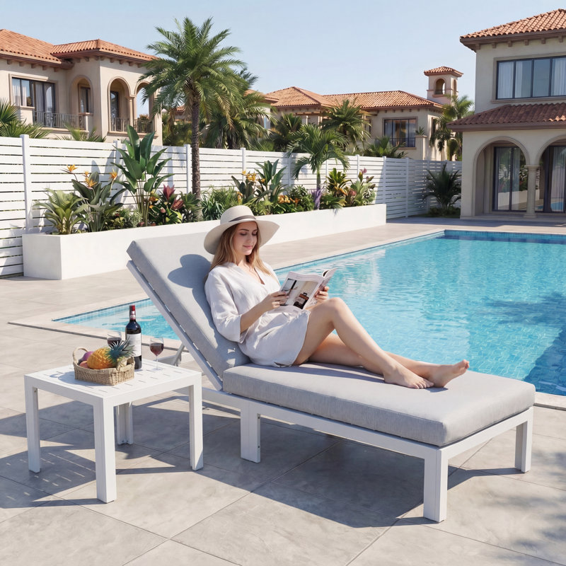 Outdoor Aluminum Chaise Lounge Chair with Side Table & Cushion, Rust-Resistant Adjustable Recliner for Patio, Pool, Deck