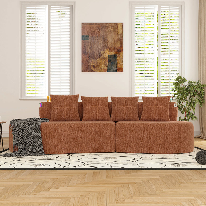 Canapé modulaire incurvé moderne 3 places, Chenille orange, Orange