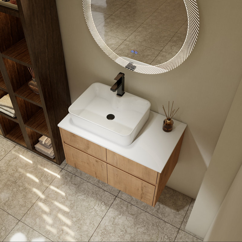 32" Wall-Mounted Bathroom Vanity with Ceramic Sink and Soft-Close Doors, White Oak