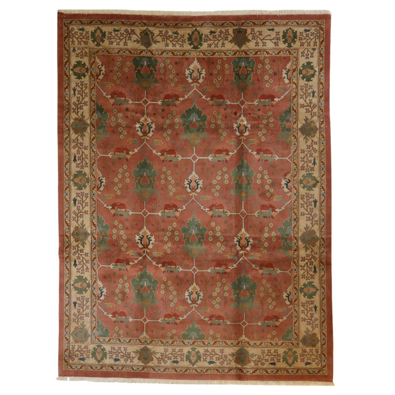 Oriental Hand-Knotted Wool Salmon/Green/Beige/Blue Area Rug, Rectangle 12'9" x 20'1"