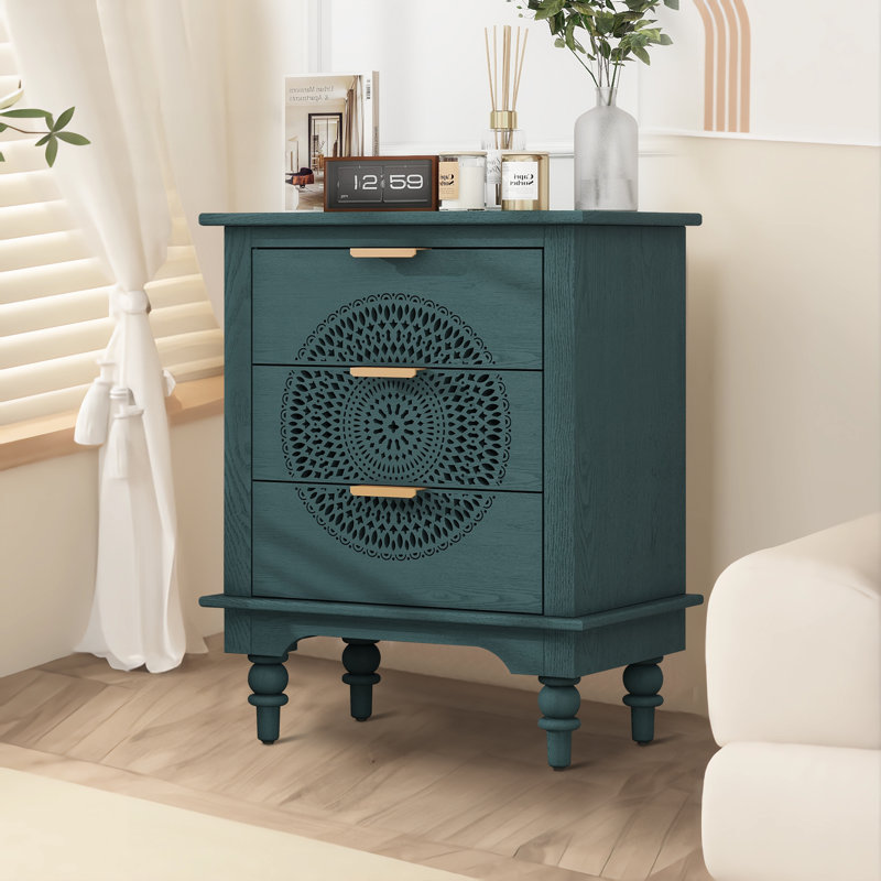 Hollow-Carved 3 Drawer Dresser Storage Chest with Metal Handles, Nightstand For Living Room Bedroom