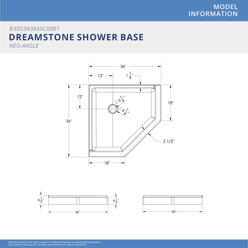 White Acrylic 36'' Neo-Angle Shower Base with Corner Drain