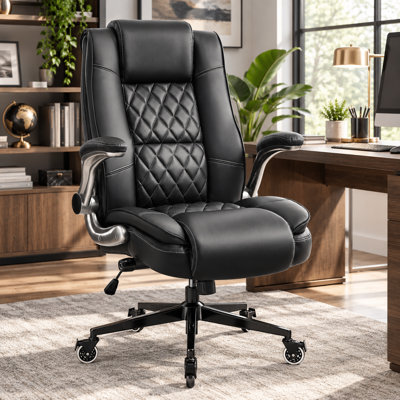 400 lbs Big & Tall Leather Executive Office Chair, Ergonomic High Back Desk Chair with Adjustable Lumbar Support, 90°–110° Tilt, Flip-Up Padded Arms & Lockable Wheels