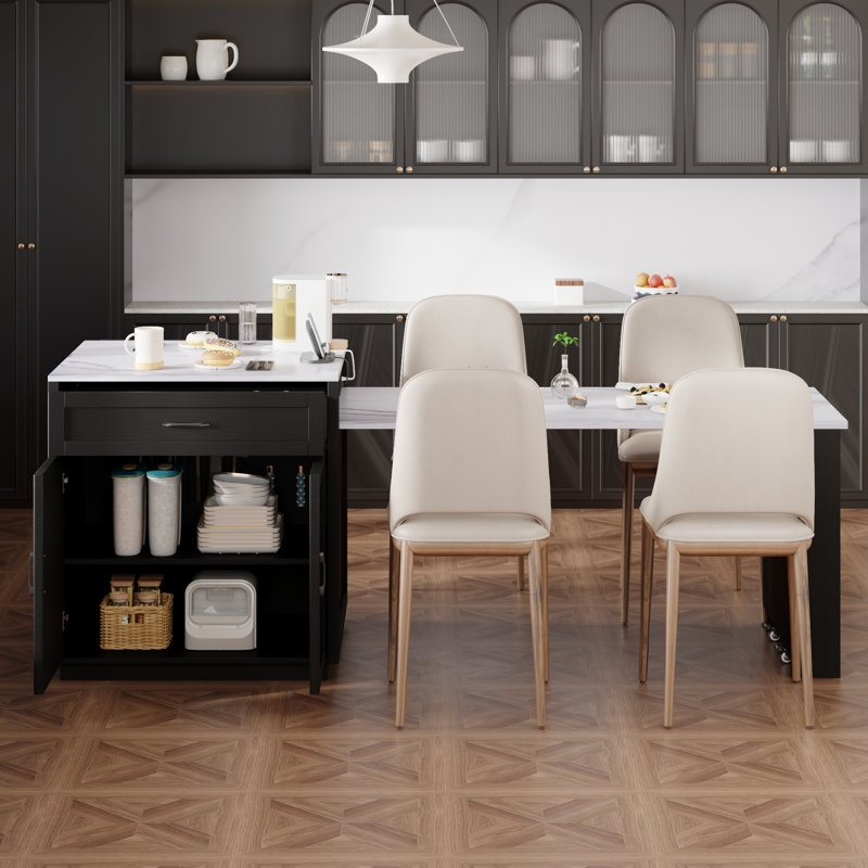 Kitchen Island With Extendable Dining Table, Black/White